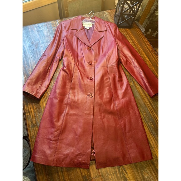 Chadwick's Burgundy Leather Trench Coat Longline Button Front Woman's Jacket M - Picture 14 of 15